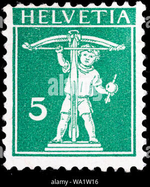 Der Sohn von Wilhelm Tell mit Armbrust, Briefmarke, Schweiz, 1909 Stockfoto
