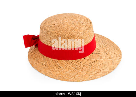 Vintage Retro hat, Stroh Hut mit rotem Band und Bogen Mode für die Dame, Frauen isoliert auf weißem Hintergrund mit Freistellungspfaden. Stockfoto