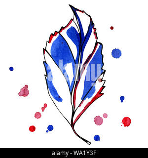 Aquarell stilisierte Grafik Herbst Blatt. Hand - mit schwarzen, blauen und roten Tinte mit frühen Farbe Tropfen auf dem Hintergrund gemalt. Isoliertes Objekt auf Weiß Stockfoto