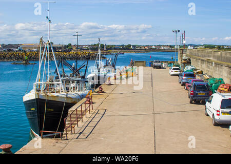 8. August 2019 Trawler am Kai für das Wochenende im Ardglass Harbor County Down Nordirland Stockfoto