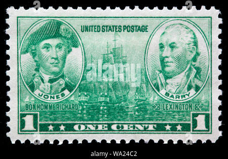 John Paul Jones (1747-1792), naval Commander, John Barry (1745-1803), Offizier in der kontinentalen Marine, Briefmarke, USA, 1936 Stockfoto