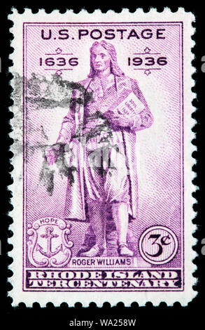 Satzung des Roger Williams (1603-1683), puritanischer Pastor, Theologe, Autor, Kolonie Rhode Island, Briefmarke, USA, 1936 Stockfoto