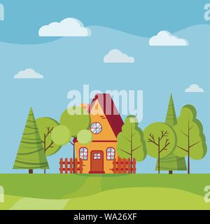 Sommer oder Frühling Landschaft Natur Szene mit Country House mit Zäunen, grüne Bäume, Fichten, Wolken, Straße Stock Vektor