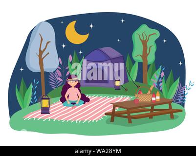 Junge Frau sitzend Decke Zelt Camping Nacht Picknick im Park Vector Illustration Stock Vektor
