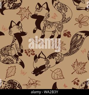 Nahtlose Muster mit Fox und Laub, yagada, Kastanien, Eicheln Hintergrund Stock Vektor