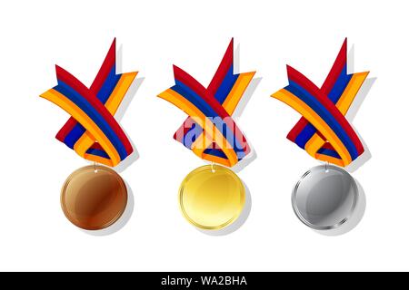 Armenische Medaillen in Gold, Silber und Bronze mit National Flagge. Isolierte Vektorobjekte auf weißem Hintergrund Stock Vektor