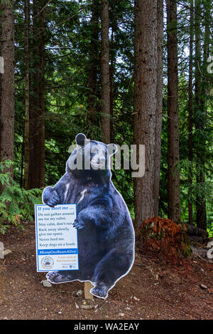 WHISTLER, BC/KANADA - August 2, 2019: Schwarzer Bär Zeichen mit Bär Sicherheitshinweise in den Wald neben den Valley Trail. Stockfoto