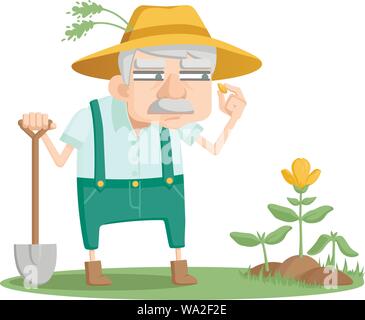 Der neugierige Gärtner bei der Arbeit. Ein alter Mann ist auf der Suche in seinem Garten Stock Vektor