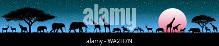 Silhouetten der wilden Tiere der Afrikanischen Savanne. Satz von verschiedenen wilden Tiere aus Afrika. Afrikanische Tiere gegen den Sternenhimmel und die steigende Su Stock Vektor