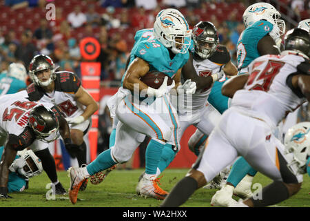 Tampa, Florida, USA. 16 Aug, 2019. August 16, 2019: Miami Dolphins zurück läuft, Kenneth Farrow (34) läuft mit dem Ball während der NFL preseason Spiel zwischen den Miami Dolphins und die Tampa Bay Buccaneers bei Raymond James Stadium in Tampa, Florida statt. Andrew J. Kramer/Cal Sport Media Credit: Cal Sport Media/Alamy leben Nachrichten Stockfoto