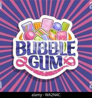 Vektor logo für Bubble Gum, weißes Schild mit Haufen von bunten Kauen bubblegums und Obst Gummibärchen Bonbons, ursprünglichen Bürste Schrift für Worte Bubble Gum, Stock Vektor