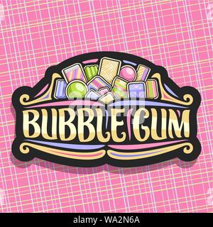 Vektor logo für Bubble Gum, dunkle vintage Schild mit Haufen von bunten Kauen bubblegums und Obst Gummibärchen Bonbons, ursprünglichen Bürste Schrift für Worte Bubb Stock Vektor