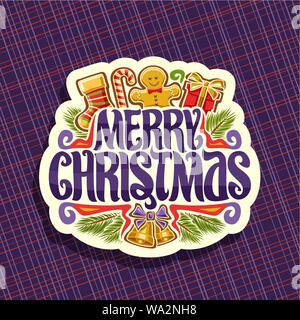 Vektor logo für Frohe Weihnachten, Papier schneiden mit Kids Socken, sweet Candy Cane, niedliche Gingerbread Man, Geschenkbox, ursprünglichen Bürste Schrift für die Mes Stock Vektor