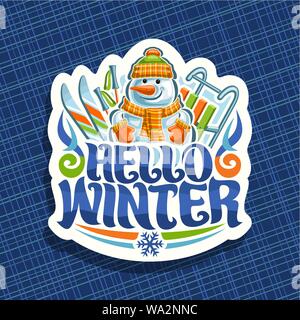 Vektor Logo für den Winterurlaub, Papier mit Cartoon happy Schneemann mit Karotten Nase im Sport Mütze, Handschuhe und Schal orange, original Schrift Stock Vektor