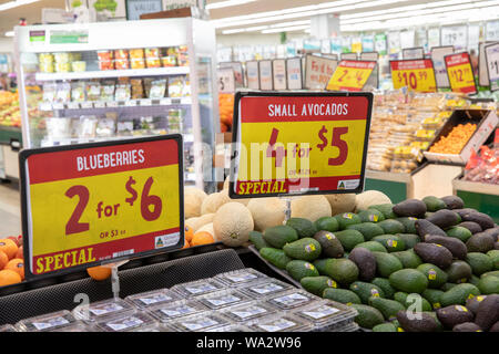 Heidelbeeren und Avocados auf Anzeige und Verkauf in einem australischen Supermarkt in Sydney, Australien Stockfoto