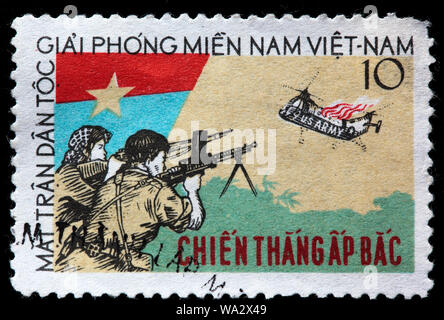 Schlacht von Ap Bac, Soldaten mit Maschinengewehr, Vietnamkrieg, Briefmarke, Vietcong, National Liberation Front, 1963 Stockfoto