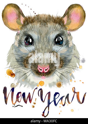 Süße Ratte mit der Aufschrift neues Jahr für t-shirt Grafiken. Aquarell Ratte Abbildung Stockfoto