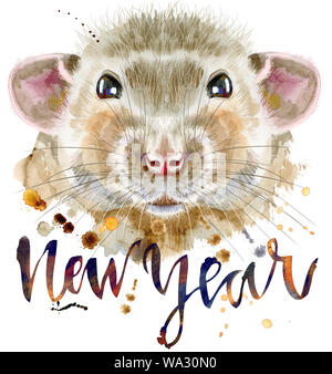 Süße Ratte mit der Aufschrift neues Jahr für t-shirt Grafiken. Aquarell Ratte Abbildung Stockfoto