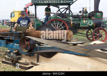 Traditionelle Dampfmaschine angetrieben sah Holz schneiden durch einen Baum Lkw Stockfoto