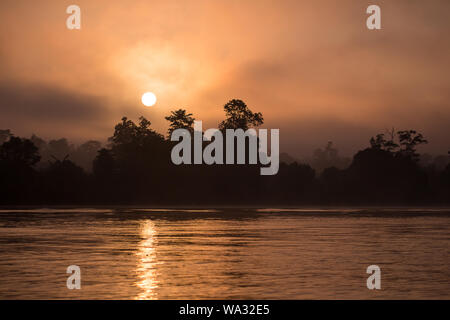 Die Sonne steigt durch diesigen Himmel über dem kinabatangan Fluss, in Sabah, Borneo Stockfoto