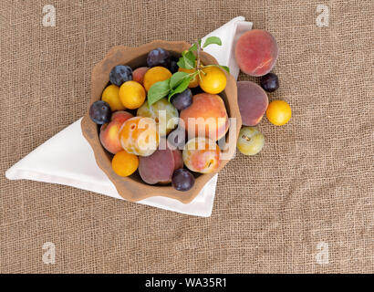 Altmodische Frucht von einem langen verlassenen Obstgarten im alten Terrakotta Schüssel, auf hessischen. Hat natürliche Frucht. Winzige Pflaumen, Pfirsiche usw. Stockfoto