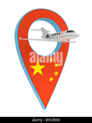 Eigenes Flugzeug mit Pin navigation Flagge China. 3D-Rendering Stockfoto