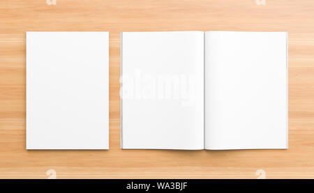 Realistische Zeitschrift, Broschüre, Buch oder Katalog mock up auf Holz- Hintergrund. 3D-Darstellung. Stockfoto