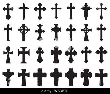 Große schwarze Silhouetten verschiedener Kreuze, verschiedene religiöse Symbole Stockfoto