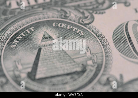 Uns einen Dollar, Detailansicht. Makro mit selektiven Fokus und flache Tiefenschärfe. Stockfoto