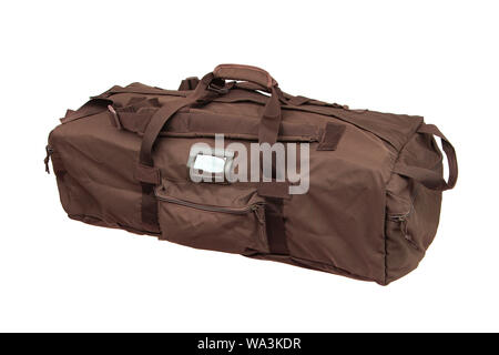 Braun sport Tasche auf weißem Hintergrund. Reisetasche. Militärische Beutel, militärischen Rucksack auf Rückseite weiß isoliert. Stockfoto