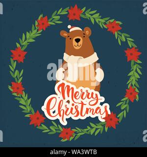 Frohe Weihnachten Vektor Karte mit Bär im Vintage Style Stock Vektor