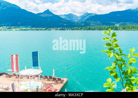 Blick auf den Wolfgangsee, St. Wolfgang im Salzkammergut resort Region, Österreich. Stockfoto