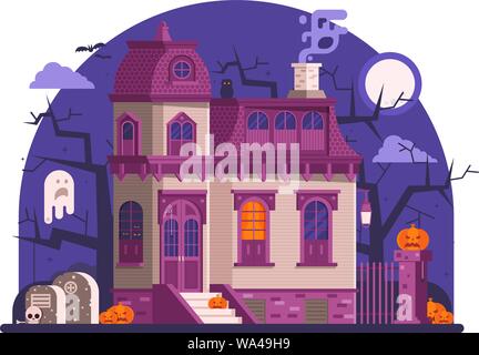 Haunted Halloween Ghost House Szene in flachen Stock Vektor