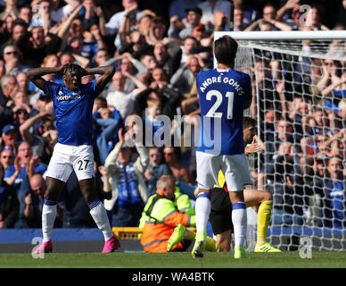 Liverpool, Lancashire, UK. 17 Aug, 2019. 17. August 2019; Premier League Football, Everton gegen Watford; Everton vorwärts Moise Kean reagiert, nachdem knapp nicht Kerbe auf seinem Debüt aussehen - redaktionelle Verwendung. Credit: Aktion Plus Sport Bilder/Alamy leben Nachrichten Stockfoto