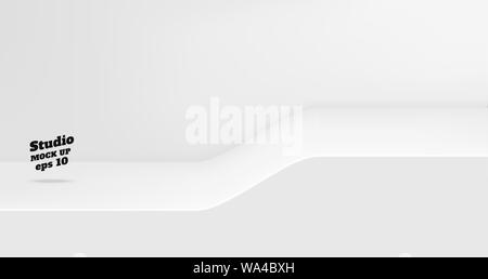Vektor Leer weiße studio Tabelle mit Hang schritt Raumhintergrund, Produkt Display mit Kopie Platz für die Anzeige der Inhalte Design. Banner für Werbung pr Stock Vektor