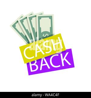 Cash Back emblem Abzeichen mit Ventilator Banknote. Vektor cash back bieten, Geld sparen, Rabatt und Cashback zurück, label Abbildung Stock Vektor