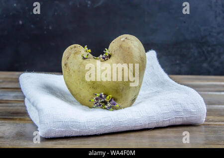 Gekeimte Kartoffeln, in Form von einem Herz auf braunem Holz- Hintergrund Stockfoto