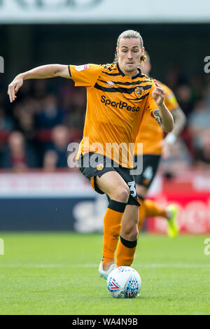 London, Großbritannien. 17 Aug, 2019. Jackson Irvine von Hull City während der efl Sky Bet Championship Match zwischen Brentford und Hull City bei Griffin Park, London, England am 17. August 2019. Foto von salvio Calabrese. Nur die redaktionelle Nutzung, eine Lizenz für die gewerbliche Nutzung erforderlich. Keine Verwendung in Wetten, Spiele oder einer einzelnen Verein/Liga/player Publikationen. Credit: UK Sport Pics Ltd/Alamy leben Nachrichten Stockfoto