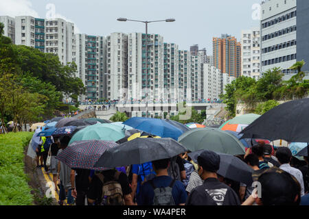 Hongkong, China. 17 Aug, 2019. Die Teilnehmer an einem Protestmarsch durch die Hongkongs Stadtteil Kowloon und selbst mit Sonnenschirmen vor dem Regen schützen. In Hongkong gab es massive Proteste für mehr als zwei Monate. Die Demonstrationen wurden durch eine Gesetzesvorlage der Regierung ausgelöst - jetzt in der Warteschleife - Verdacht auf Auslieferung von Verbrechern zu China. Credit: Gregor Fischer/dpa/Alamy leben Nachrichten Stockfoto