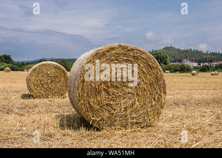 Strohballen auf einem Feld in der Nähe von Postojna, Slowenien Stockfoto
