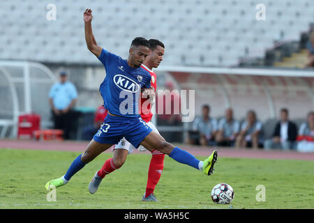 Oeiras, Portugal. 17 Aug, 2019. Raul de Tomas von SL Benfica (R) Mias mit Diogo Calila von Belenenses traurig während der Portugiesischen Liga - primeira Liga-Fußballspiel zwischen Belenenses traurig und SL Benfica an der Jamor Stadion in Oeiras am 17. August 2019. Credit: Pedro Fiuza/ZUMA Draht/Alamy leben Nachrichten Stockfoto