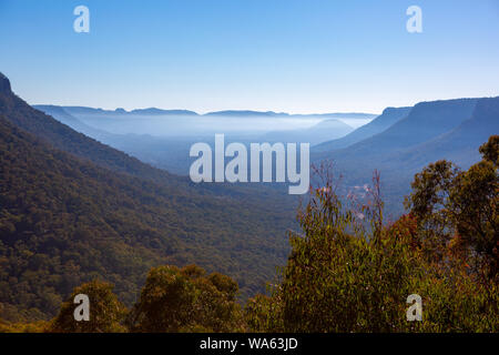 Blick nach unten in die WolganValley in den Blue Mountains in New South Wales am 4. August 2019 Stockfoto