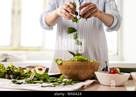 Junge schwangere Frau bereitet gesunden Salat von grünen und Gemüse Einfrieren in Bewegung Stockfoto