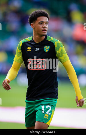 17. August 2019, Carrow Road, Norwich, England, Premier League, Fußball, Norwich City vs Newcastle United: Jamal Lewis (12) von Norwich City Credit: Georgie Kerr/News Bilder der Englischen Football League Bilder unterliegen DataCo Lizenz Stockfoto