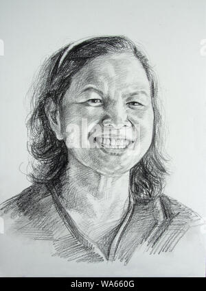 Zeichnung Portrait von gealterten asiatische Frau, Schwarze und Weiße, Bleistift auf Papier. Stockfoto