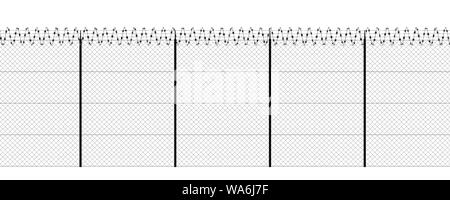Stacheldraht und Zaun, Frontansicht ein Drahtgeflecht, Schwarz und Weiß. Weißer Hintergrund und Zeichnung in Schwarz. Schutz, privaten Platz, kein Zugriff Stockfoto