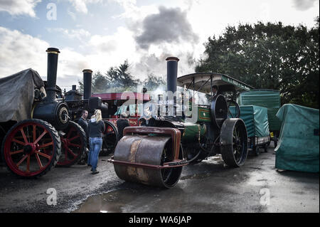 Eine Zugmaschine dampft an drusilla's Inn, in der Nähe von Horton, Dorset, als Dutzende von Dampf angetriebene Fahrzeuge bereiten den Weg in die Great Dorset Steam Fair, wo sie von Tausenden Fans feiern Dampfkraft ab 22. August Wochenende verbunden wird. Stockfoto