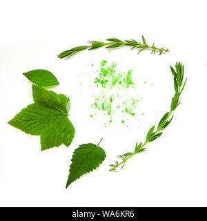 Tee Kräuter noch leben Flatlay auf weißem Hintergrund Stockfoto