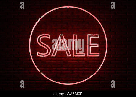 3D-Illustration: Werbung Leuchtreklame mit der Aufschrift "Verkauf" von roten Buchstaben in einem Kreis auf dem Hintergrund einer Red brick wall. Stockfoto