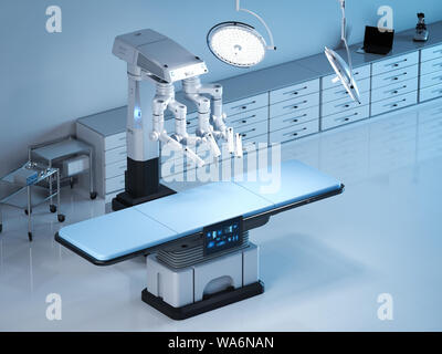 3D-rendering Chirurgie Zimmer mit roboterchirurgie und leeres Bett Stockfoto